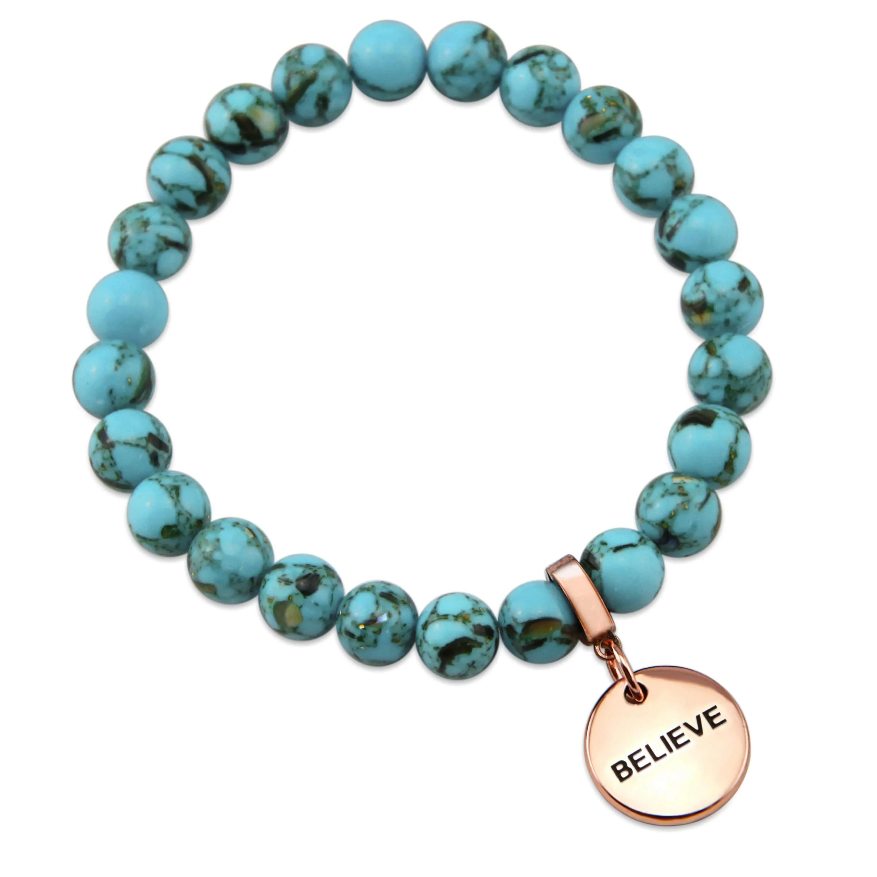 TEAL COLLECTION - Peacock Teal Synthesis 8mm Bead Bracelet - Rose Gold Word Charms