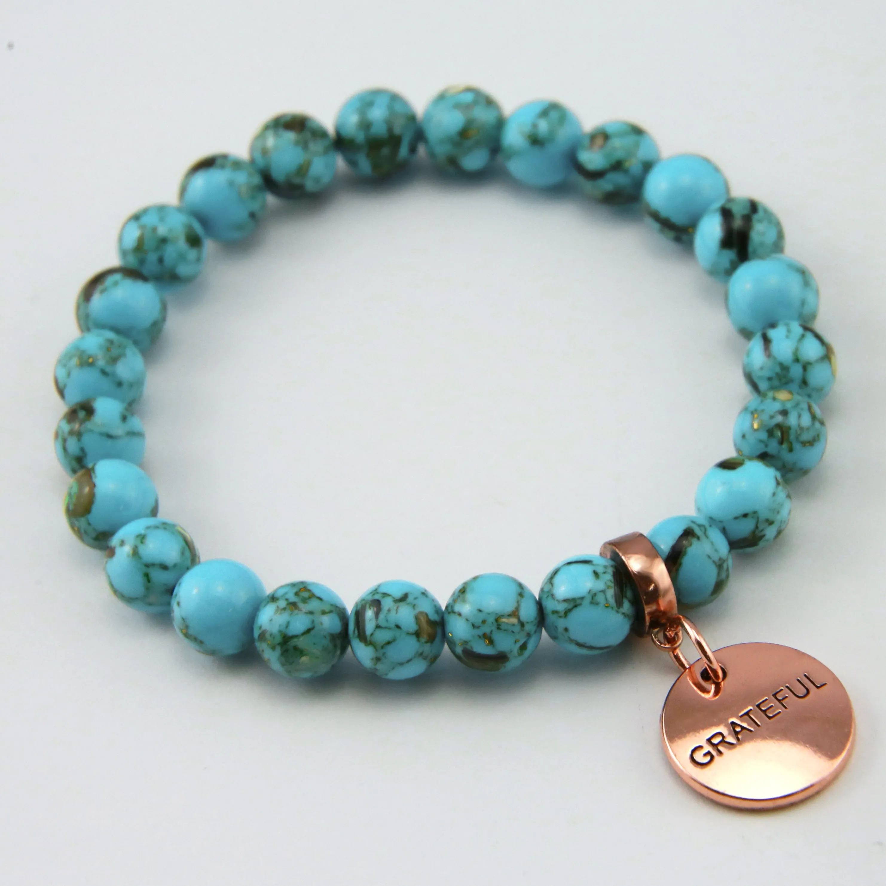 TEAL COLLECTION - Peacock Teal Synthesis 8mm Bead Bracelet - Rose Gold Word Charms