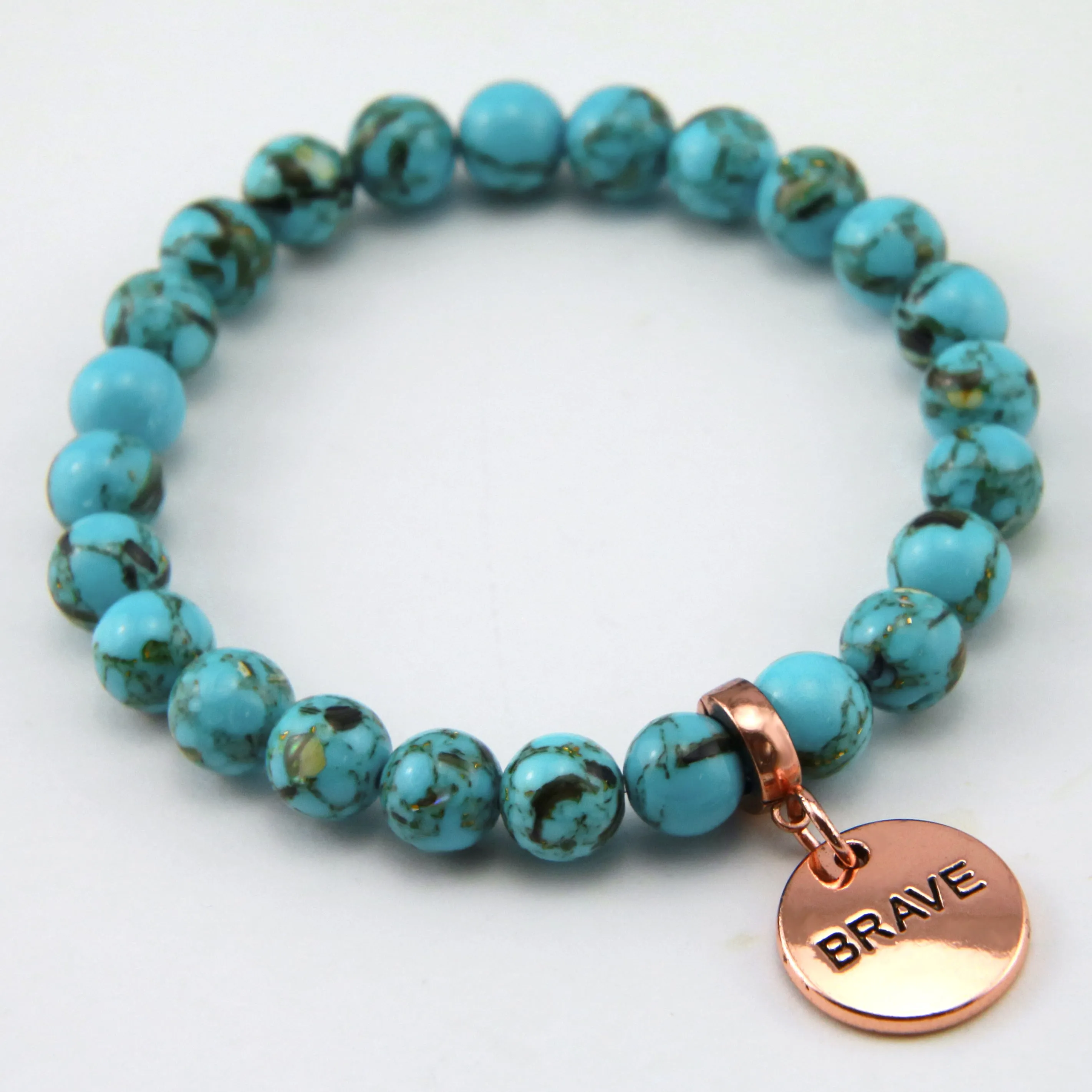 TEAL COLLECTION - Peacock Teal Synthesis 8mm Bead Bracelet - Rose Gold Word Charms