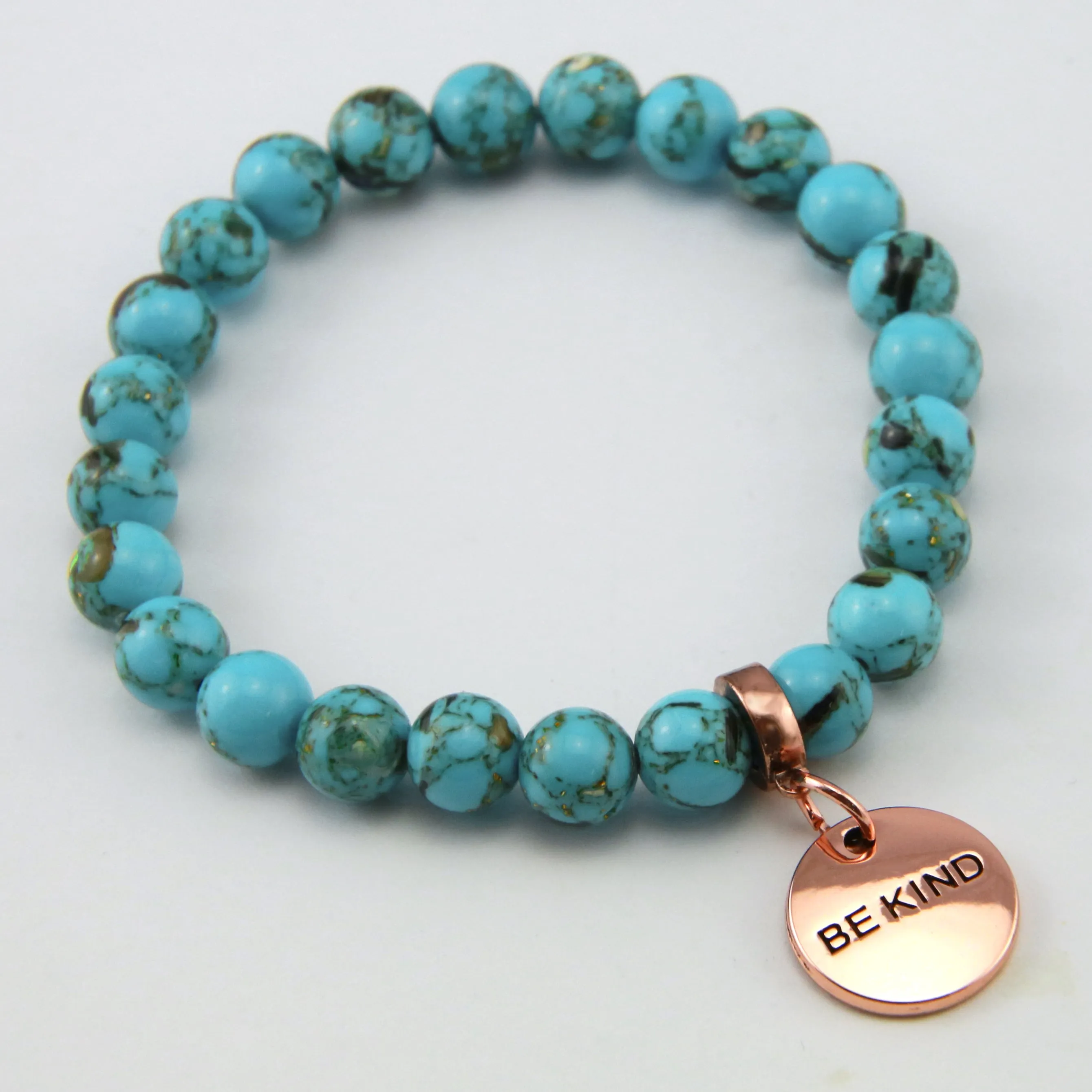 TEAL COLLECTION - Peacock Teal Synthesis 8mm Bead Bracelet - Rose Gold Word Charms