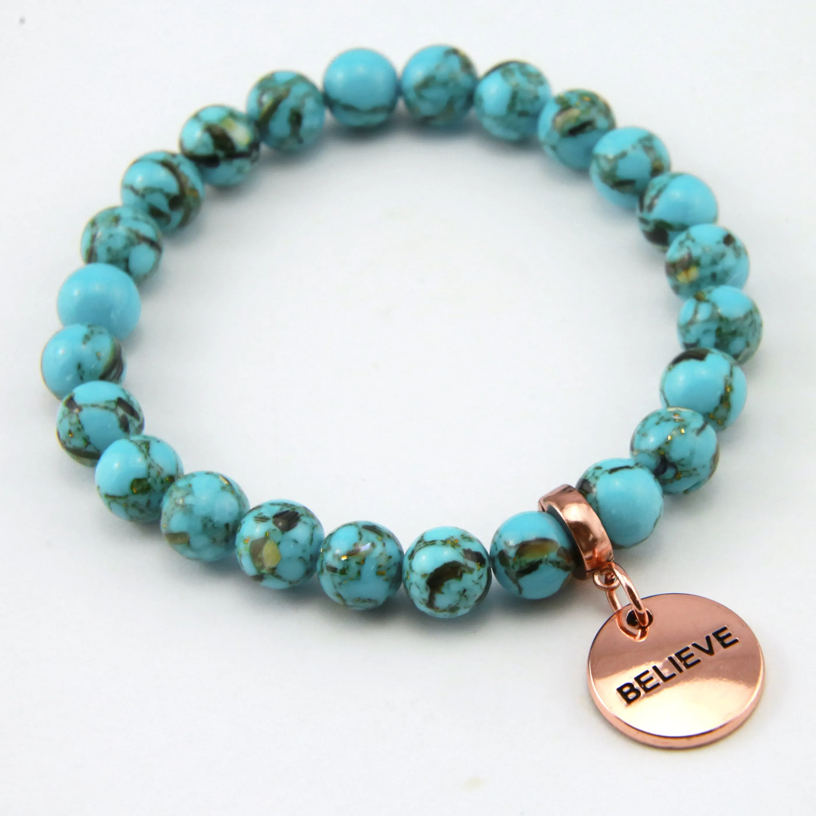 TEAL COLLECTION - Peacock Teal Synthesis 8mm Bead Bracelet - Rose Gold Word Charms