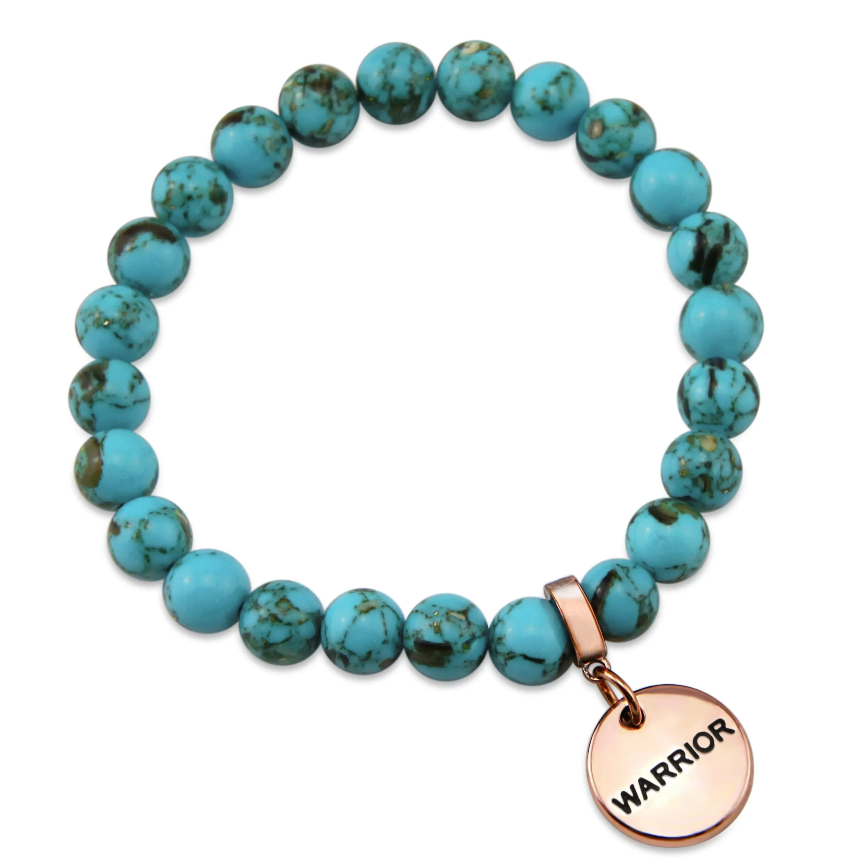 TEAL COLLECTION - Peacock Teal Synthesis 8mm Bead Bracelet - Rose Gold Word Charms