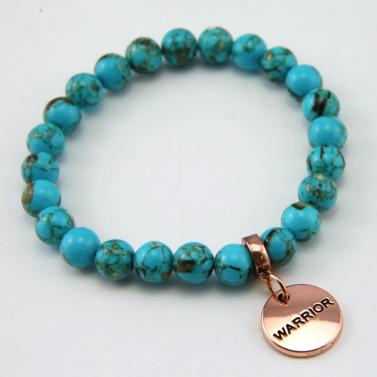 TEAL COLLECTION - Peacock Teal Synthesis 8mm Bead Bracelet - Rose Gold Word Charms