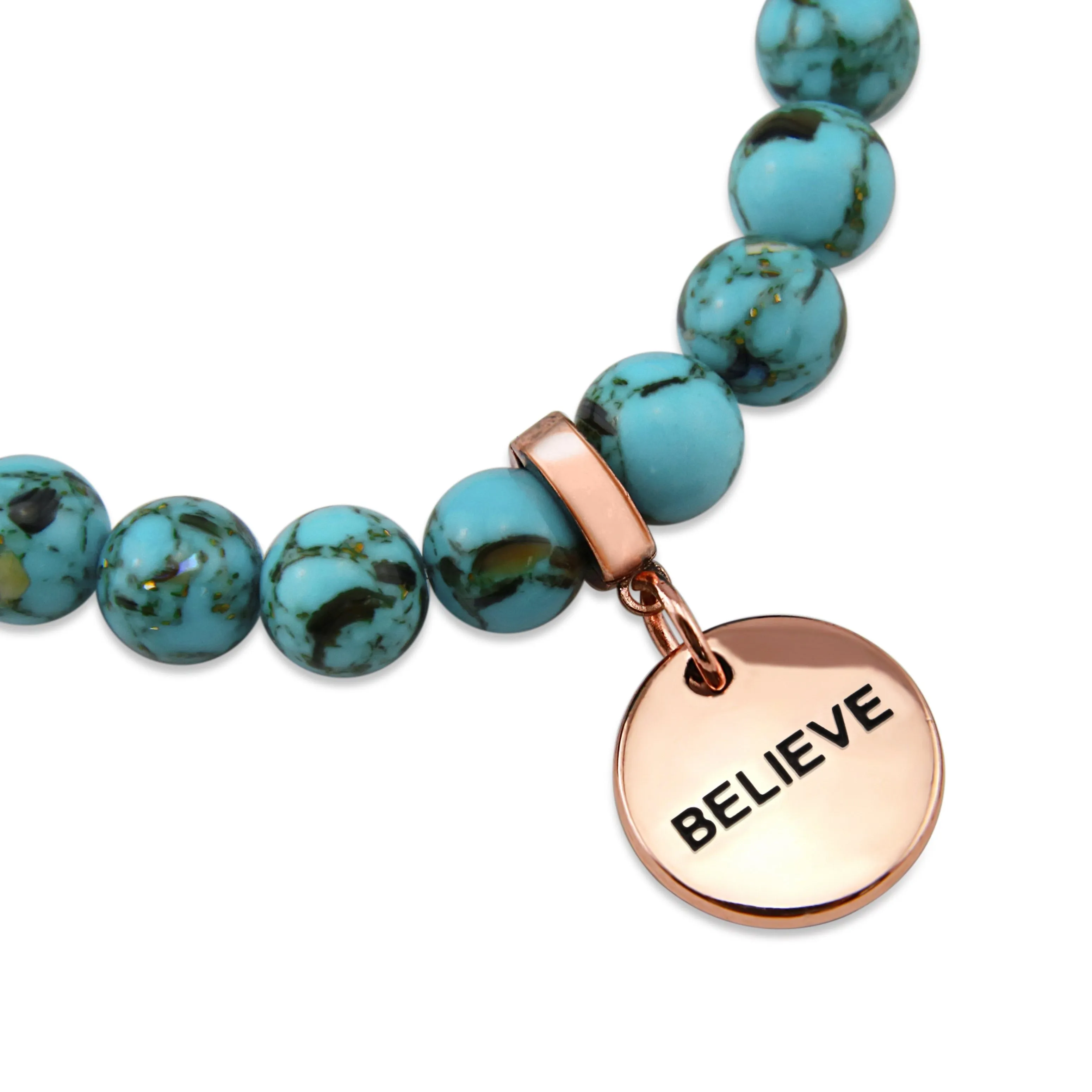 TEAL COLLECTION - Peacock Teal Synthesis 8mm Bead Bracelet - Rose Gold Word Charms