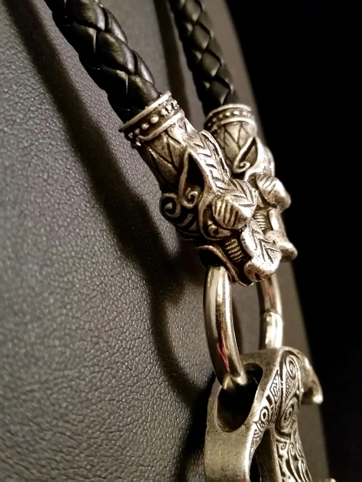 Thor's Hammer Necklace Silver Wolf Black Leather Norse Viking Style