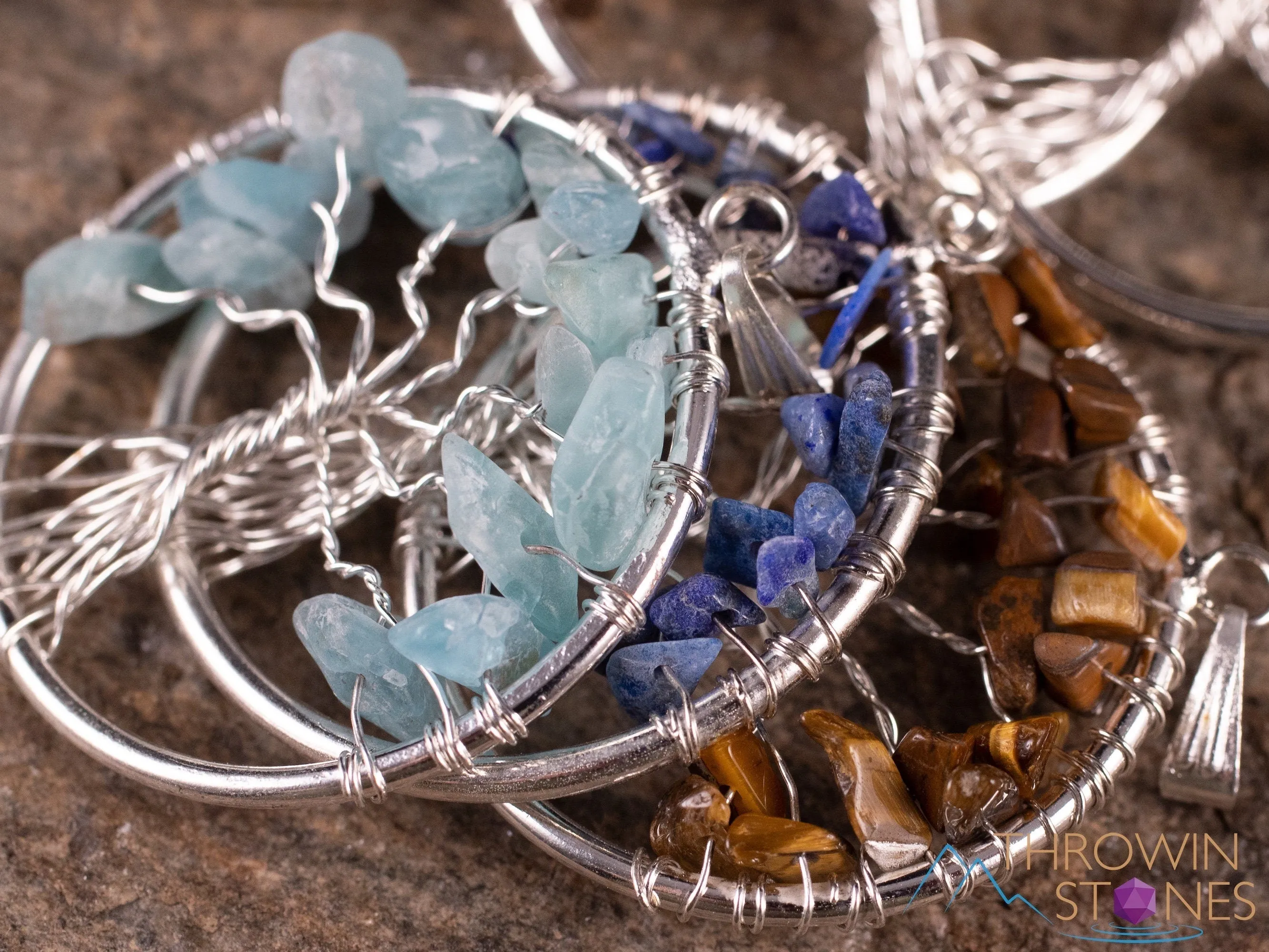 Tree of Life Pendant, Crystal Pendant - LAPIS Lazuli, TIGERS Eye, AQUAMARINE - Handmade Jewelry, Wire Wrapped Jewelry, E2004