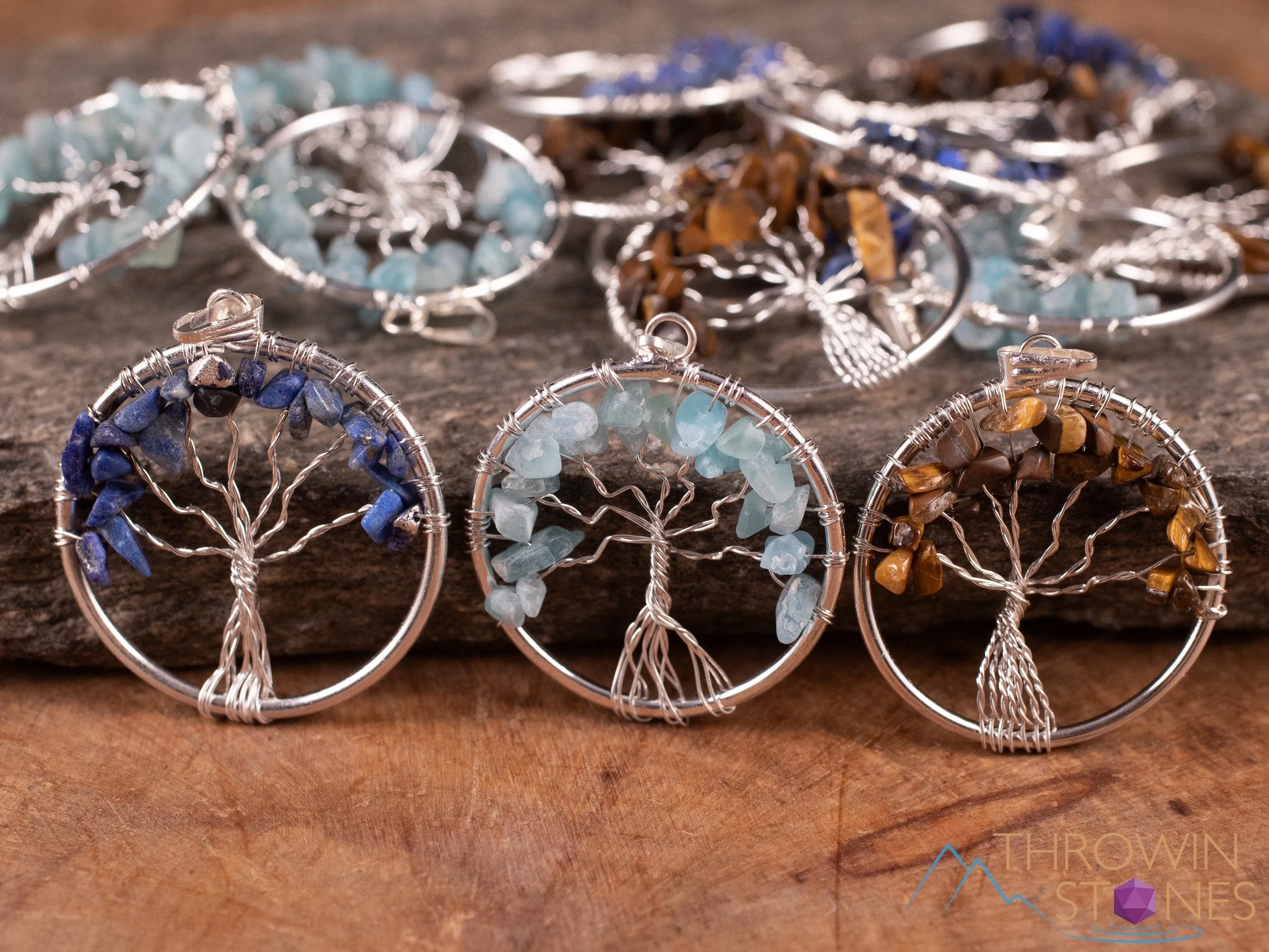 Tree of Life Pendant, Crystal Pendant - LAPIS Lazuli, TIGERS Eye, AQUAMARINE - Handmade Jewelry, Wire Wrapped Jewelry, E2004