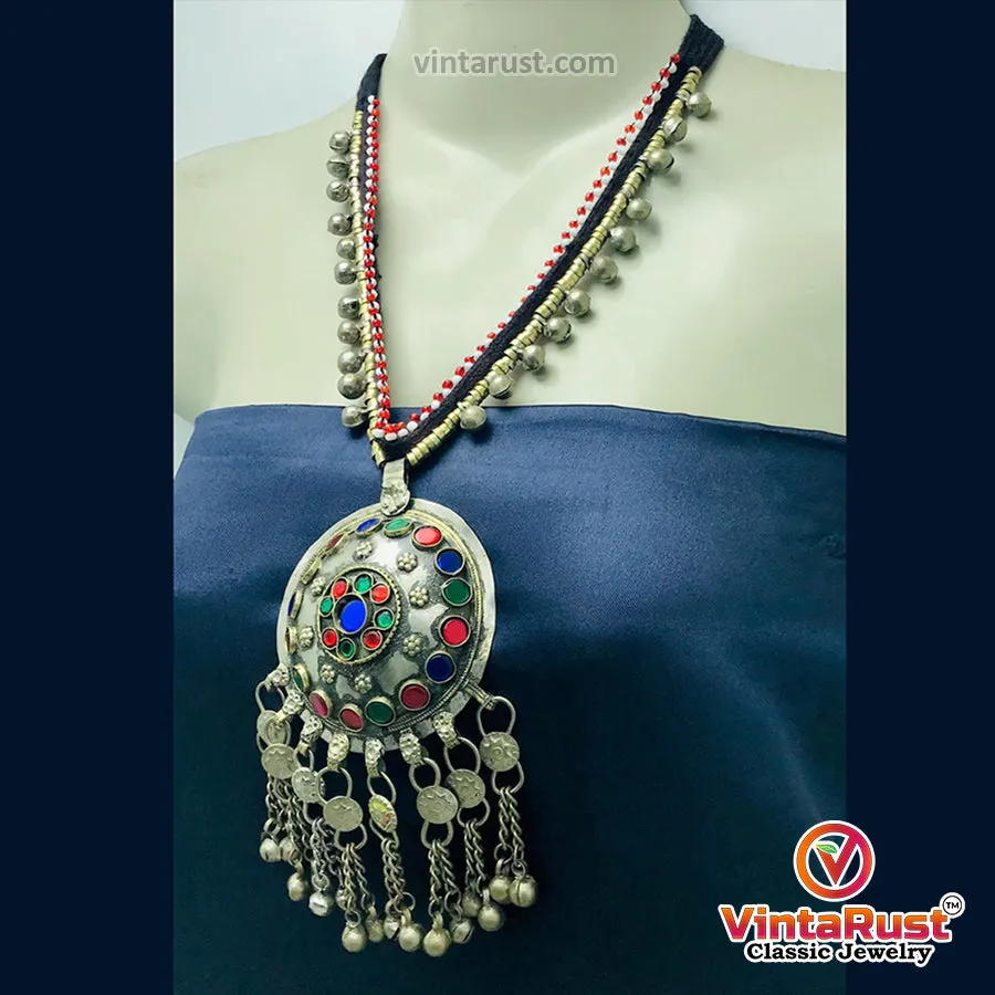 Tribal Pendant Necklace With Glass Stones and Bells