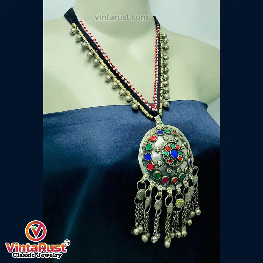 Tribal Pendant Necklace With Glass Stones and Bells