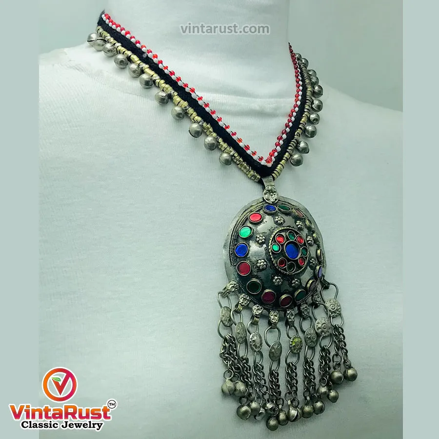 Tribal Pendant Necklace With Glass Stones and Bells