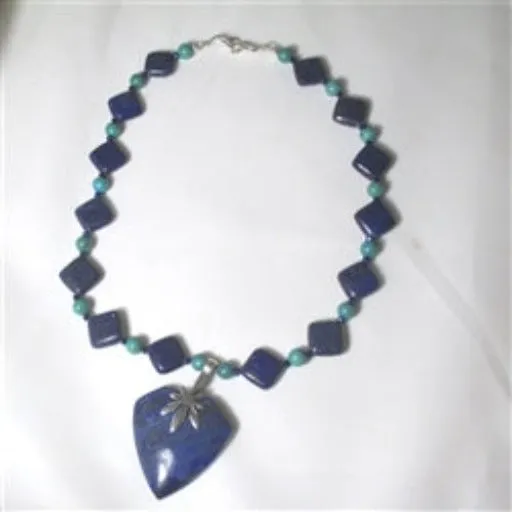 Turquoise $ Gemstone Necklace with  a Lapis Lazuli Pendant