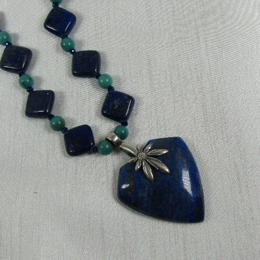 Turquoise $ Gemstone Necklace with  a Lapis Lazuli Pendant