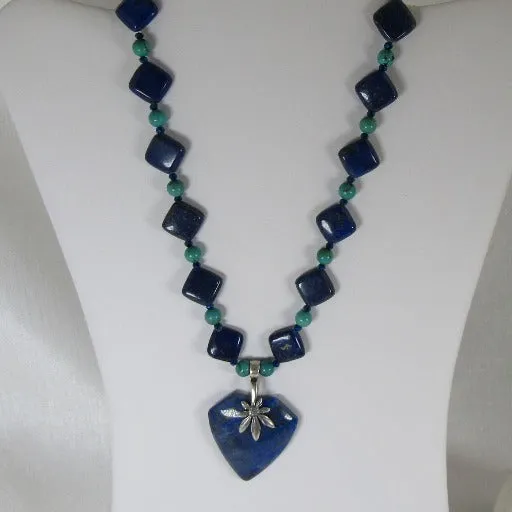 Turquoise $ Gemstone Necklace with  a Lapis Lazuli Pendant