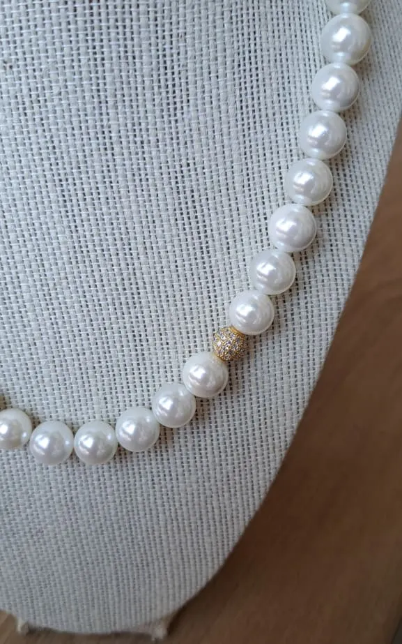 Twisted Baubles- Large Swarovski Pearl Necklace with Pave Bead