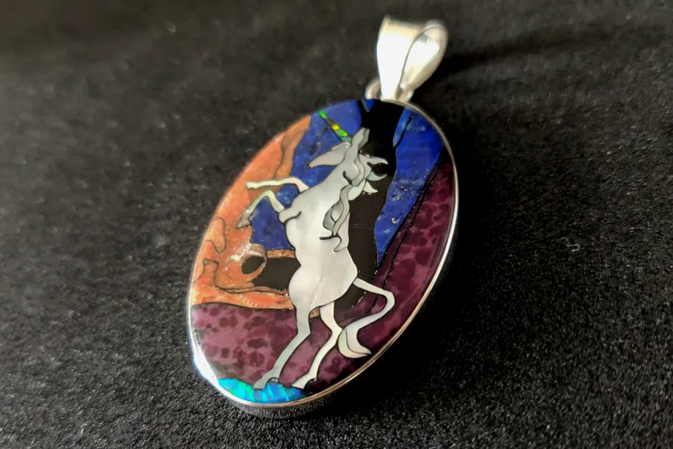 Unicorn Inlay Pendant - Sterling Silver Pendant with Coral, Magenta Turquoise, Lazuli Lapis, Lab Opal, and Mother of Pearl - 11g, 38x26mm (Excluding Bail)