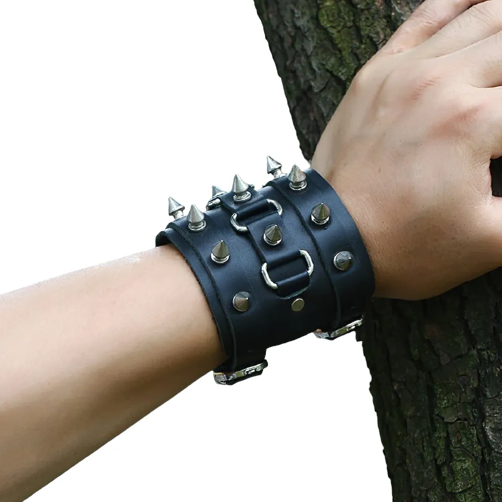 Unique Three Row Cuspidal Spikes Rivet Stud Wide Cuff / Gothic Leather Bracelet