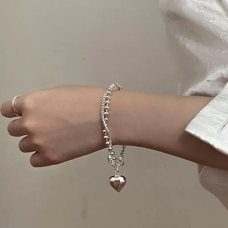 VAIGE Elegant Silver Heart Dangle Chunky Bracelet