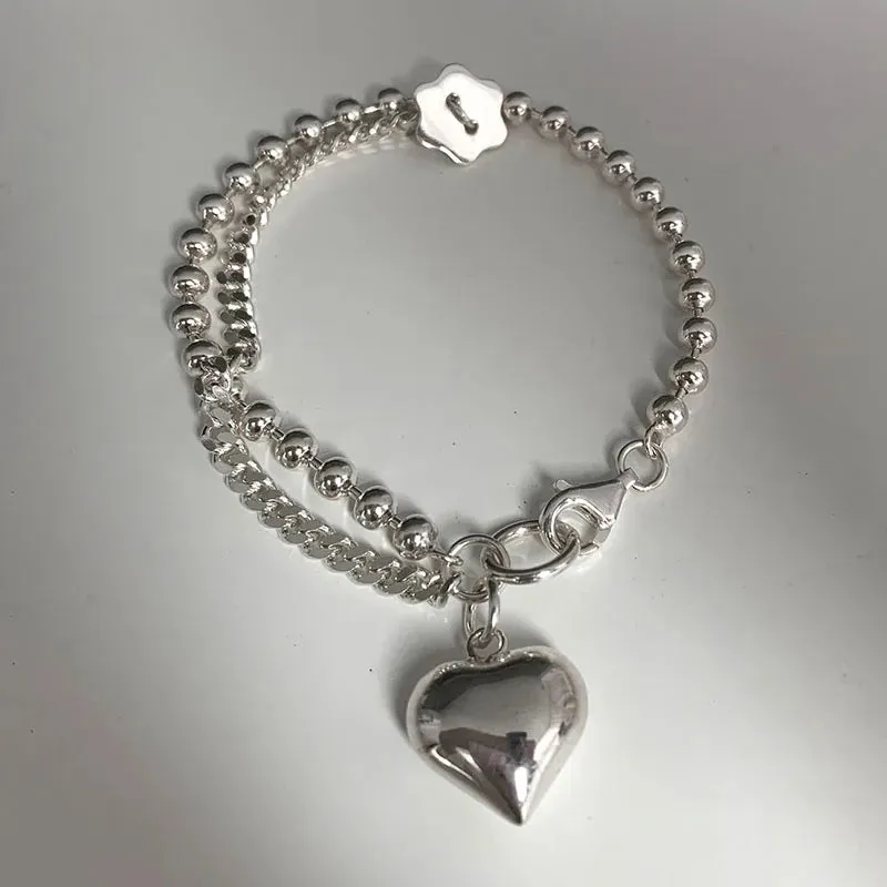 VAIGE Elegant Silver Heart Dangle Chunky Bracelet