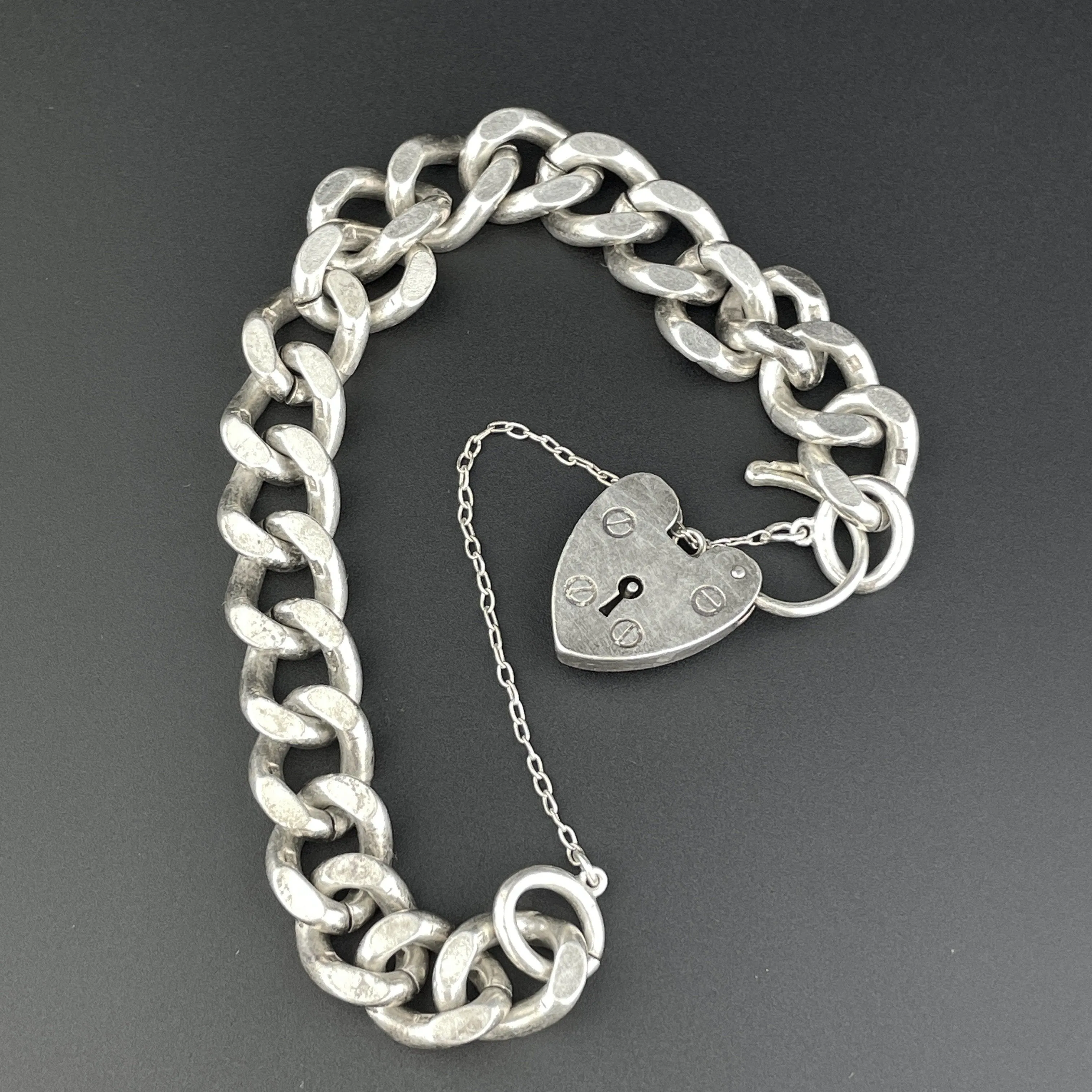 Vintage Silver English Heat Padlock Curb Chain Bracelet