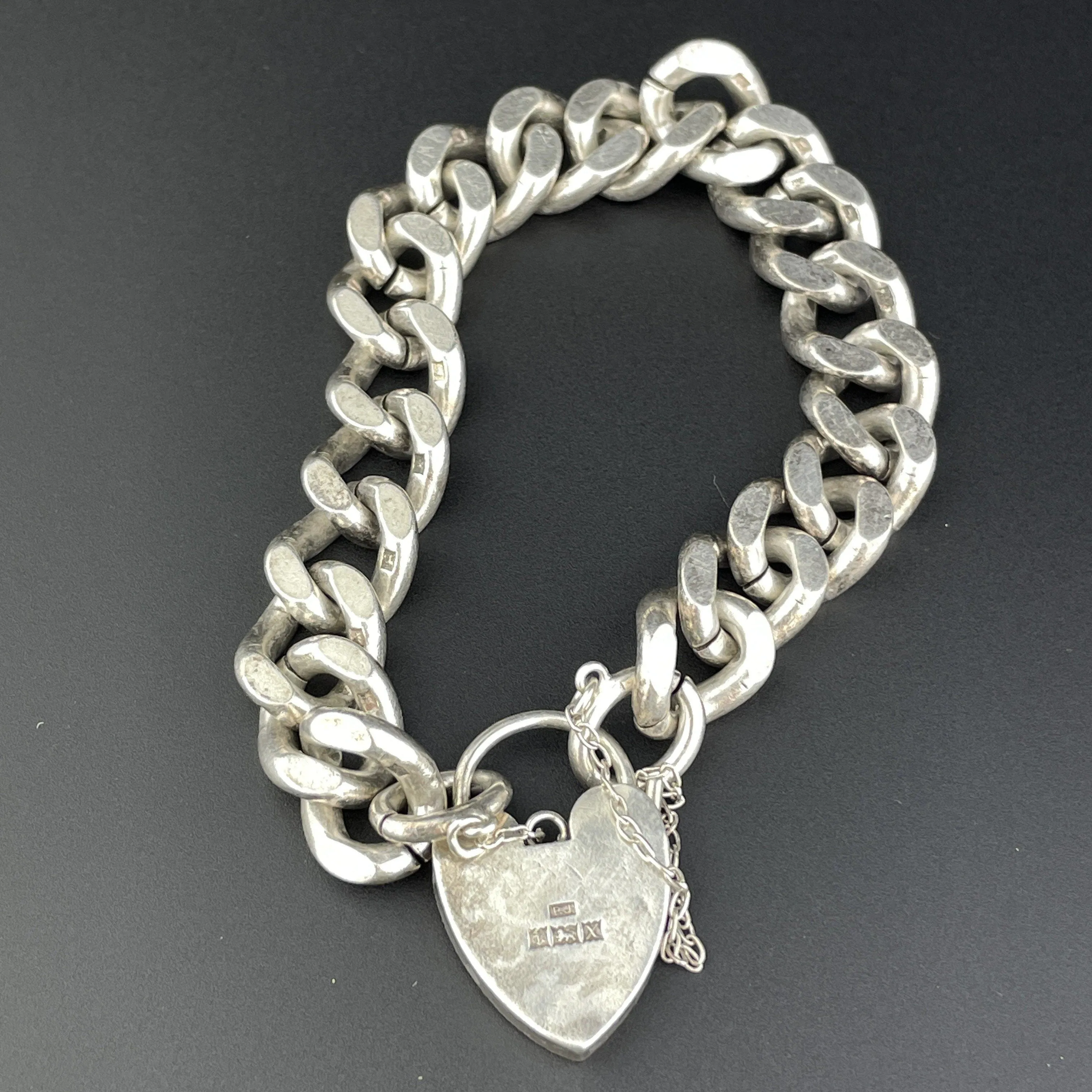 Vintage Silver English Heat Padlock Curb Chain Bracelet