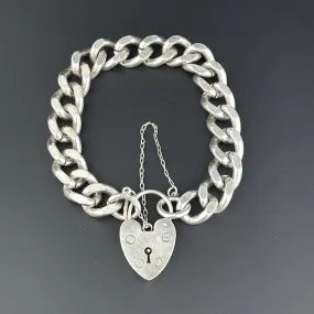 Vintage Silver English Heat Padlock Curb Chain Bracelet