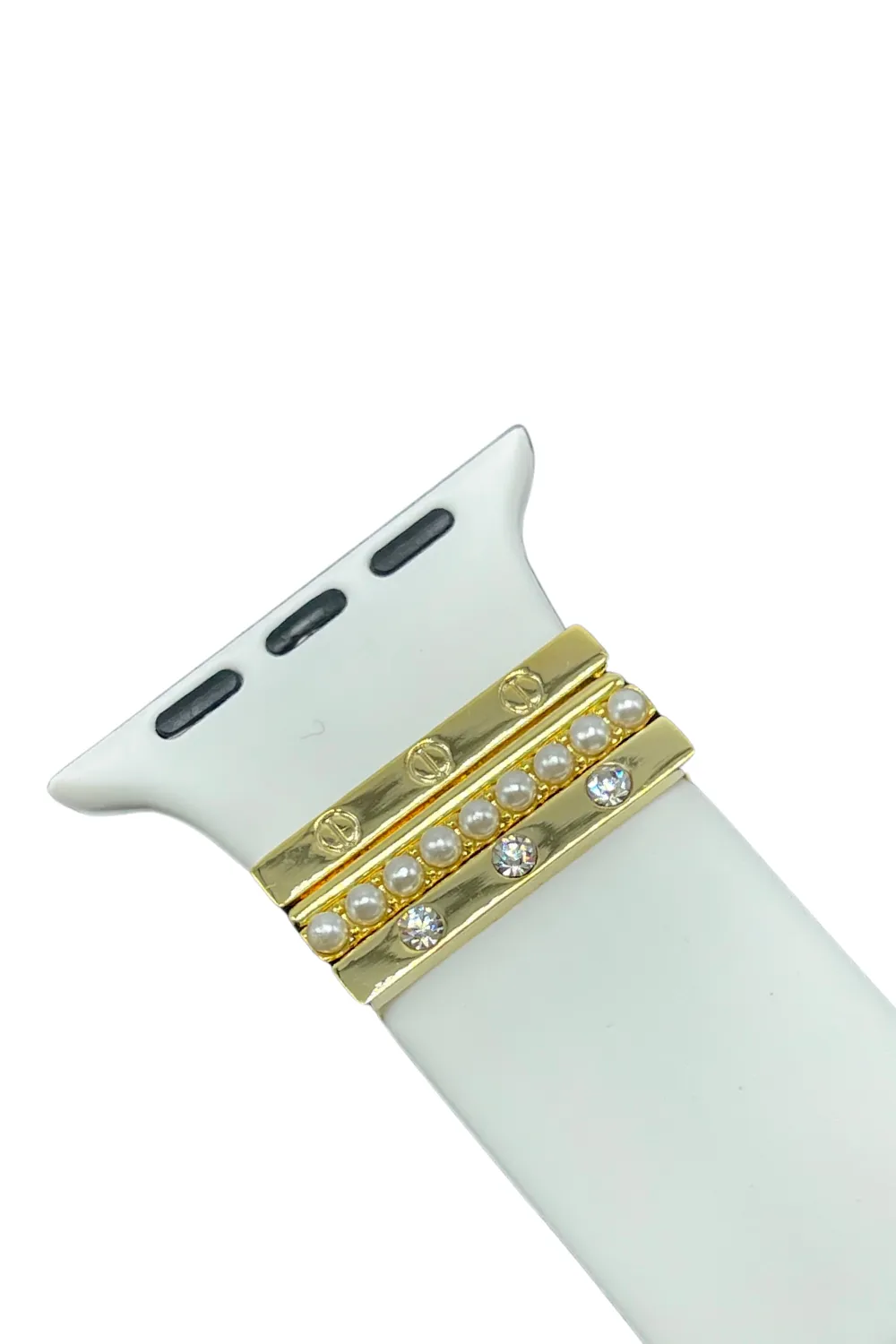 WHITE SILICONE APPLE WATCH BAND | GOLD & PEARL RINGS