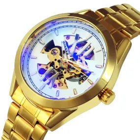 WINNER Official Fashion Automatic Watch Men Skeleton Mechanical Watches Classic Business Golden Clock Stainless Steel Strap NEW