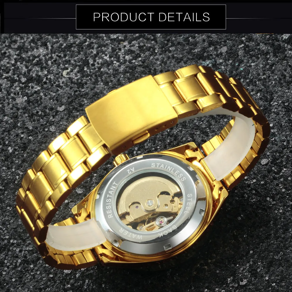 WINNER Official Fashion Automatic Watch Men Skeleton Mechanical Watches Classic Business Golden Clock Stainless Steel Strap NEW