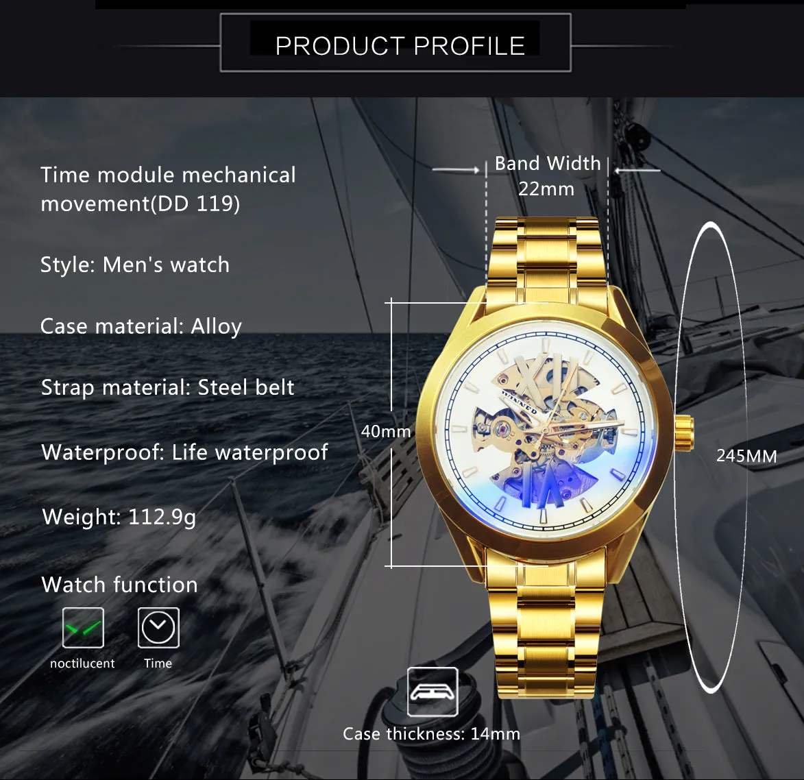 WINNER Official Fashion Automatic Watch Men Skeleton Mechanical Watches Classic Business Golden Clock Stainless Steel Strap NEW