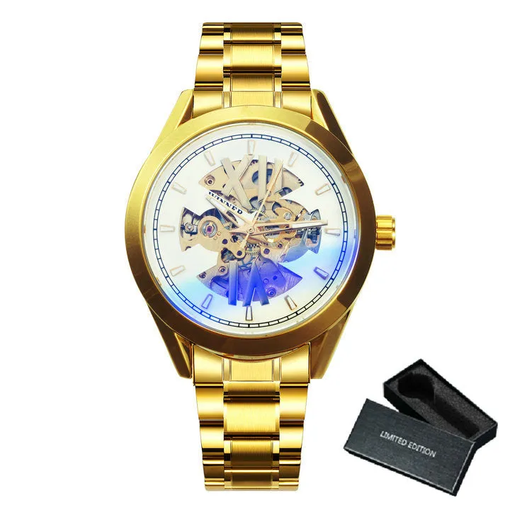 WINNER Official Fashion Automatic Watch Men Skeleton Mechanical Watches Classic Business Golden Clock Stainless Steel Strap NEW