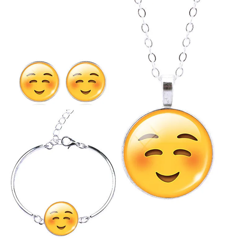 Women Emoji Stud Earrings & Moon Pendant Choker Necklace & Charm Cuff Bracelet Bangle Emoji Jewelry Sets Glass