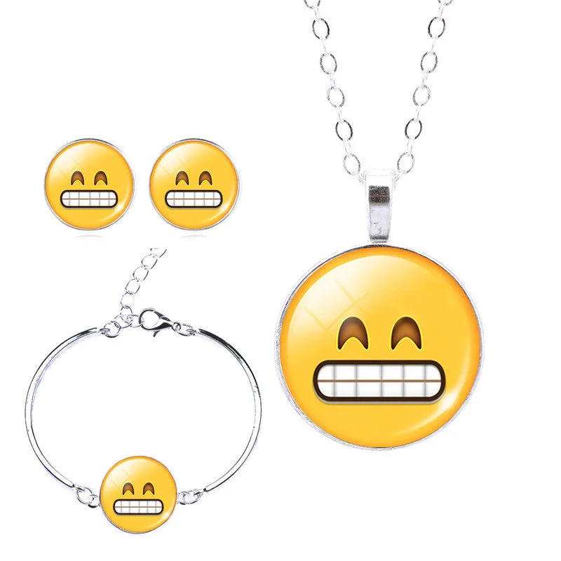 Women Emoji Stud Earrings & Moon Pendant Choker Necklace & Charm Cuff Bracelet Bangle Emoji Jewelry Sets Glass