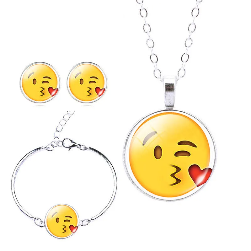 Women Emoji Stud Earrings & Moon Pendant Choker Necklace & Charm Cuff Bracelet Bangle Emoji Jewelry Sets Glass