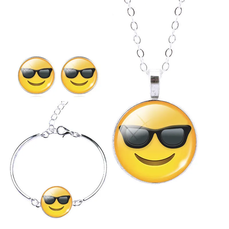 Women Emoji Stud Earrings & Moon Pendant Choker Necklace & Charm Cuff Bracelet Bangle Emoji Jewelry Sets Glass