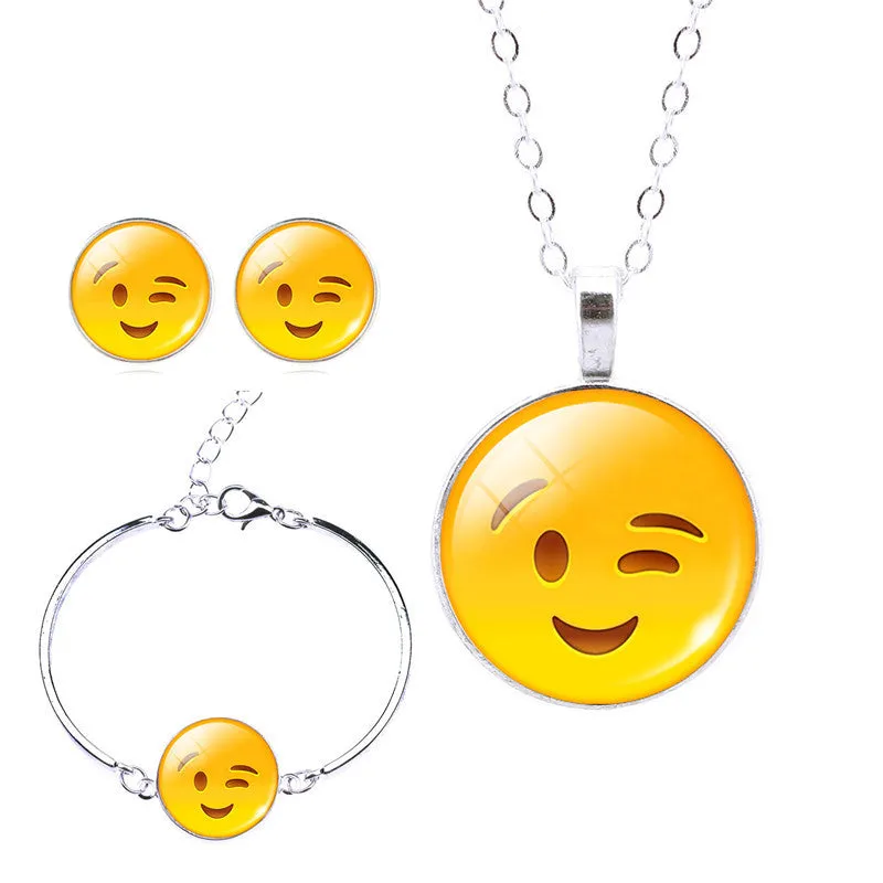 Women Emoji Stud Earrings & Moon Pendant Choker Necklace & Charm Cuff Bracelet Bangle Emoji Jewelry Sets Glass