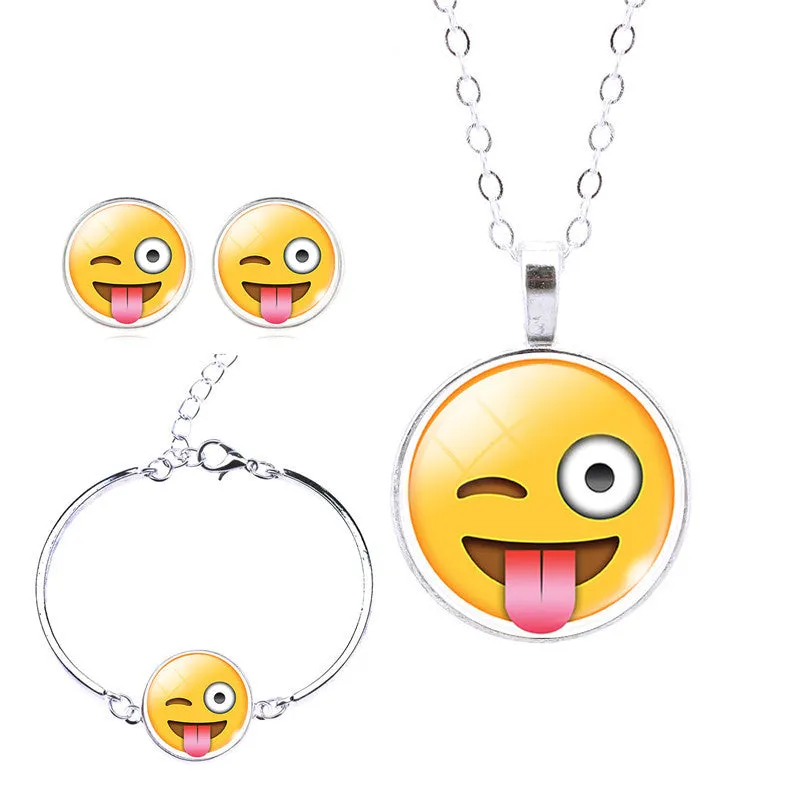 Women Emoji Stud Earrings & Moon Pendant Choker Necklace & Charm Cuff Bracelet Bangle Emoji Jewelry Sets Glass