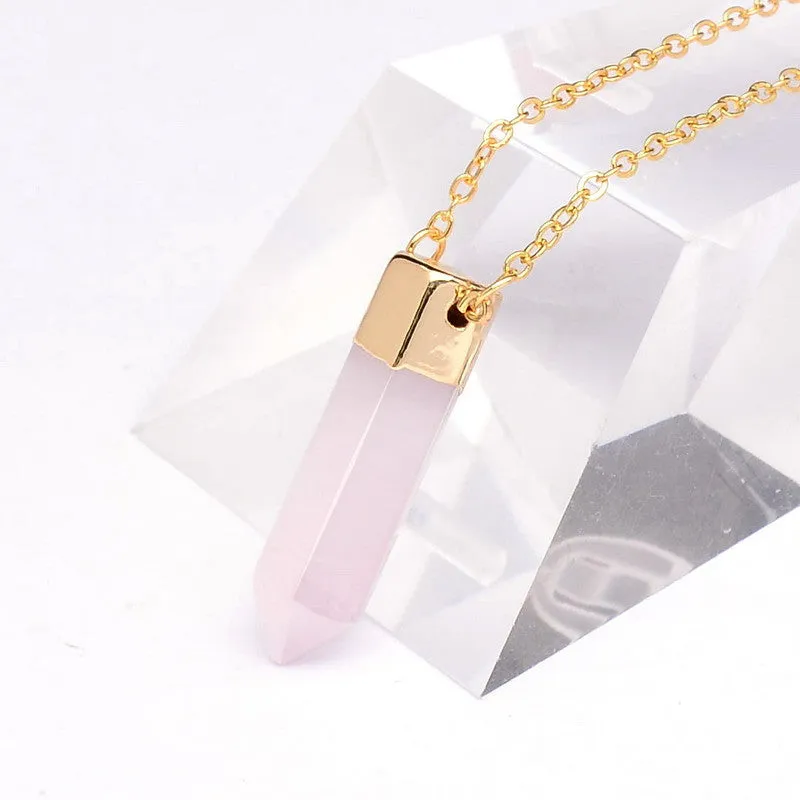 Women Healing Natural Stone Pendant Necklace Bullet Rose Quartz Crystal Amethyst Rock Gem Stone Reiki Chain Necklaces