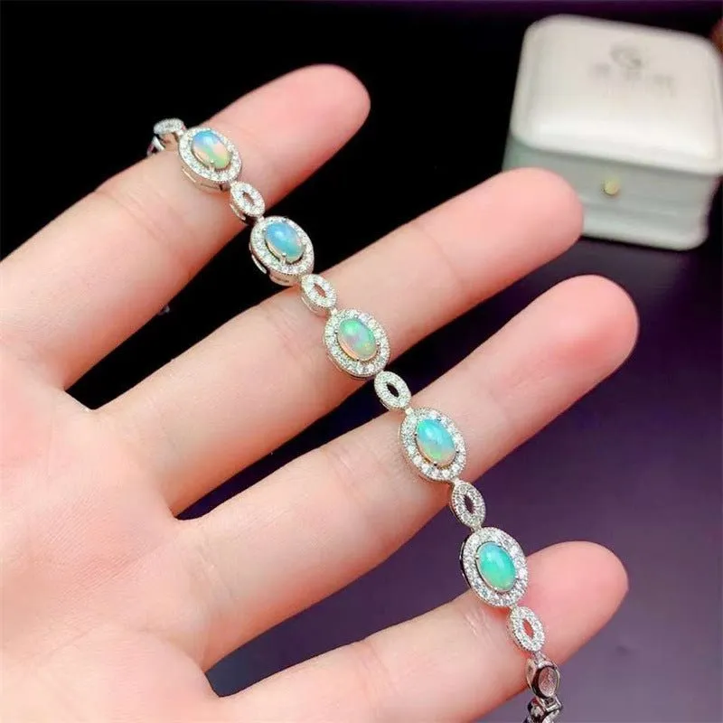 Women's 925 Sterling Silver Bracelets With Inlaid Natural Opal Gemstones