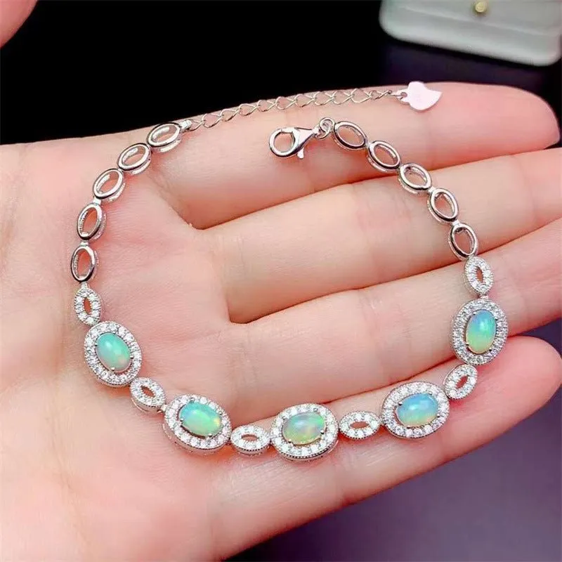 Women's 925 Sterling Silver Bracelets With Inlaid Natural Opal Gemstones