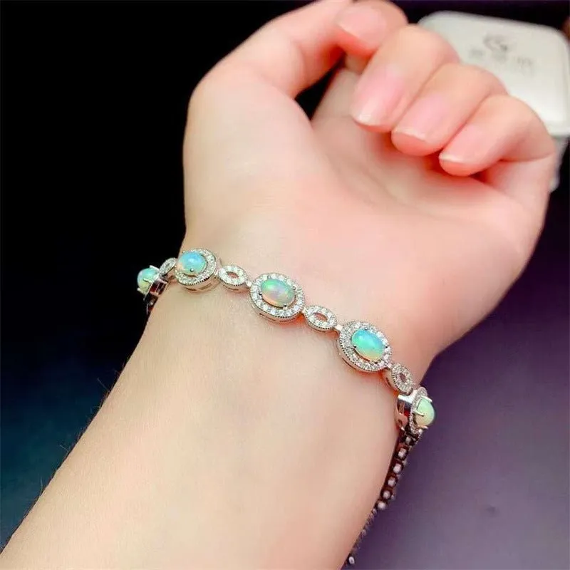 Women's 925 Sterling Silver Bracelets With Inlaid Natural Opal Gemstones