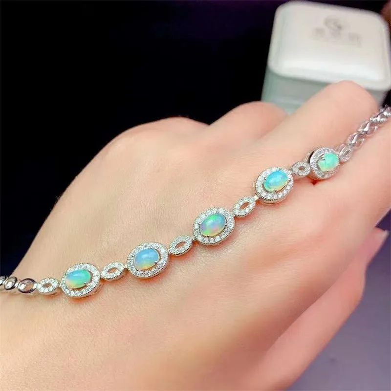 Women's 925 Sterling Silver Bracelets With Inlaid Natural Opal Gemstones