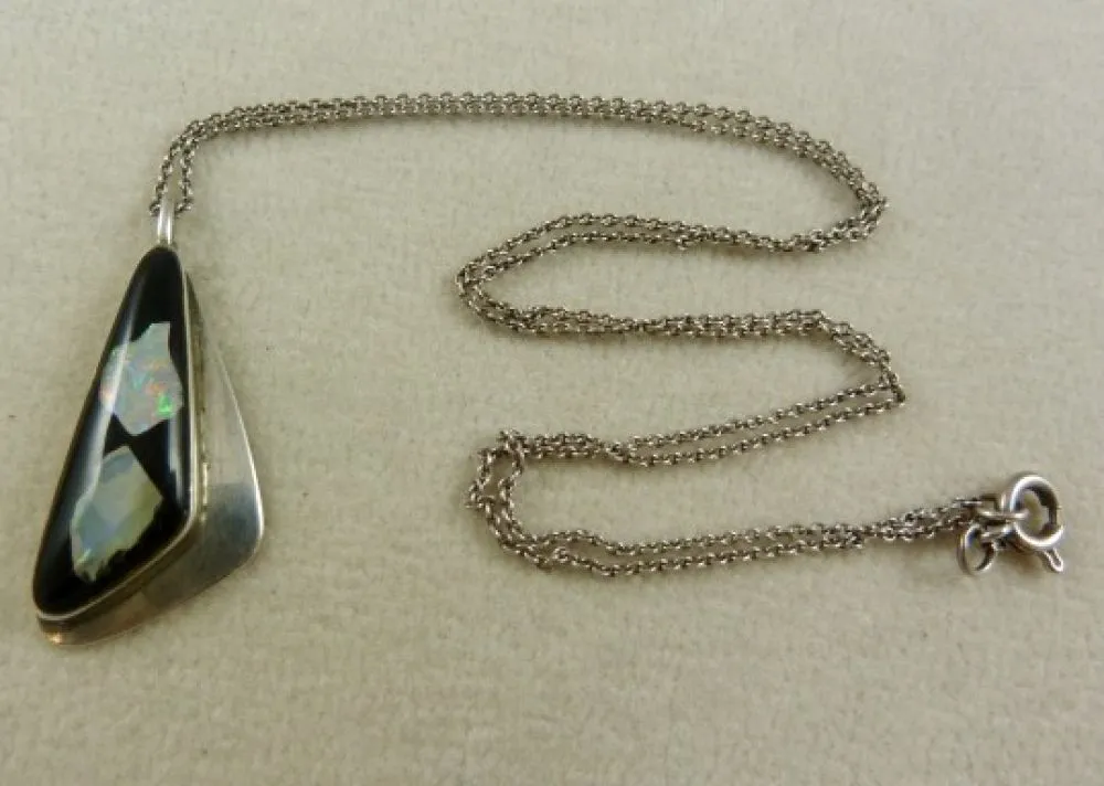 Wonderful Sterling Silver Opal & Onyx Pendant & Chain