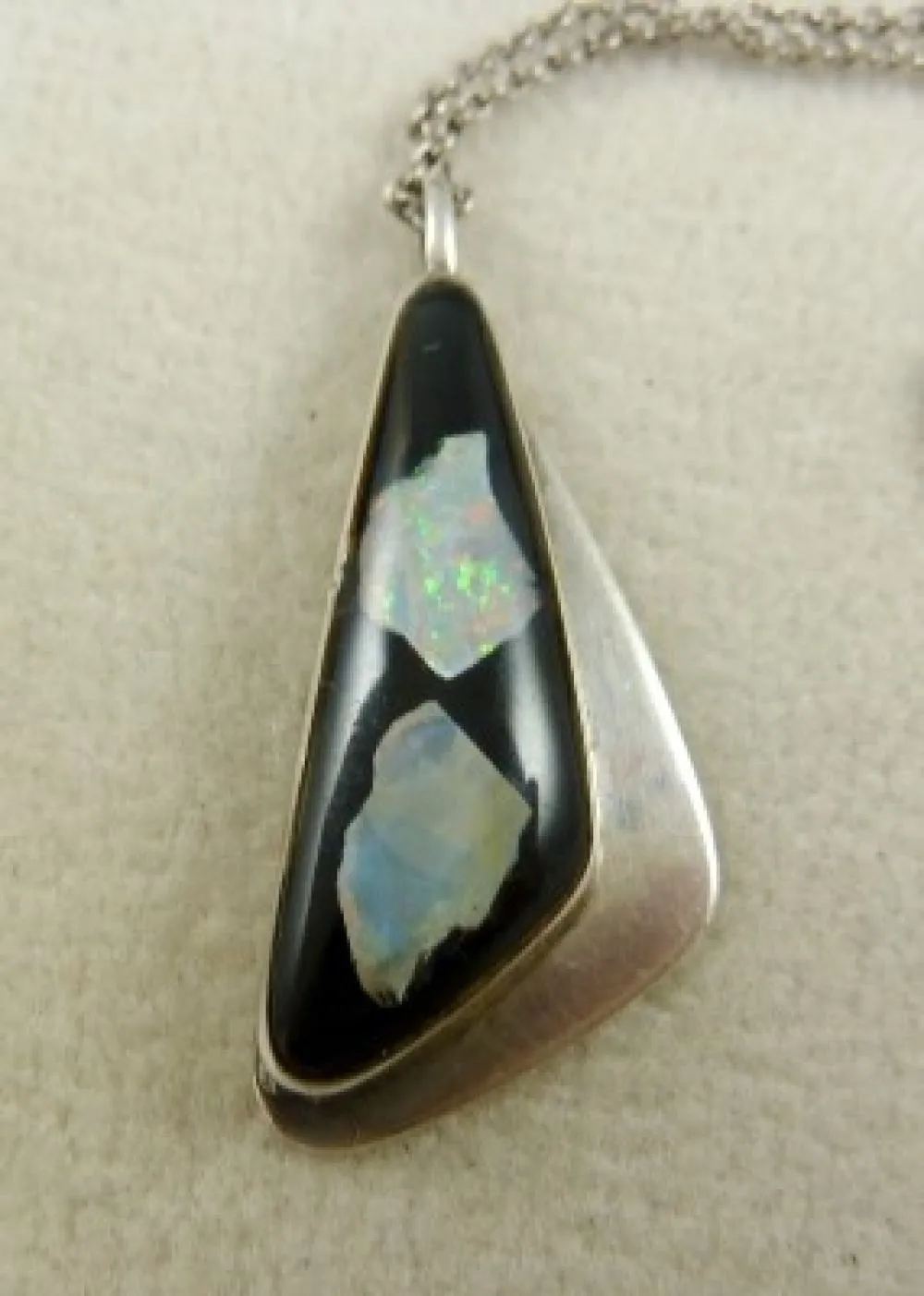 Wonderful Sterling Silver Opal & Onyx Pendant & Chain