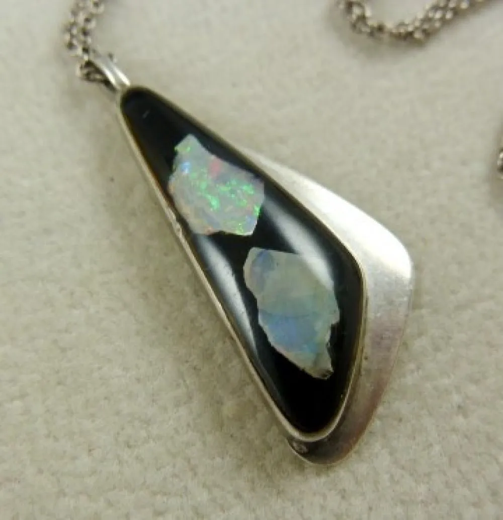 Wonderful Sterling Silver Opal & Onyx Pendant & Chain