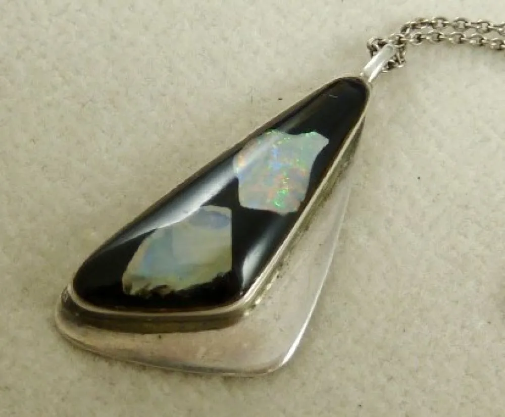 Wonderful Sterling Silver Opal & Onyx Pendant & Chain