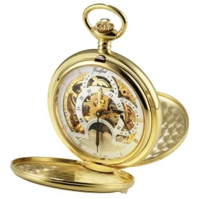 Woodford Gold Plated Twin Time Zone Double Full Hunter Skeleton Mechanical Pocket Watch - Gold