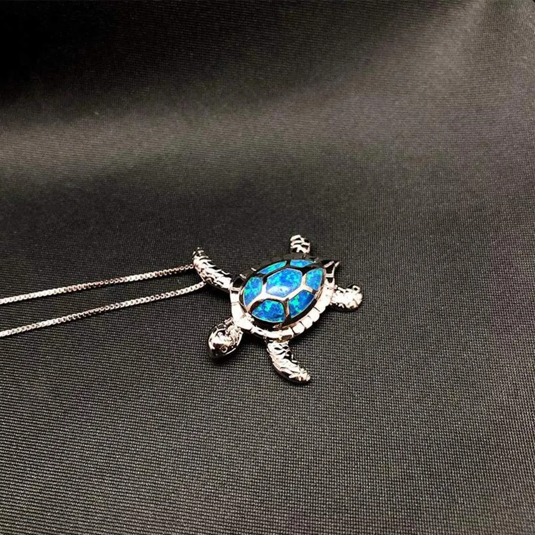 Yellow Chimes Exquisite Lovely Good Luck Turtle Blue Opal Charm Tortoise Silver Plated Pandant Necklace For Women And Girl's