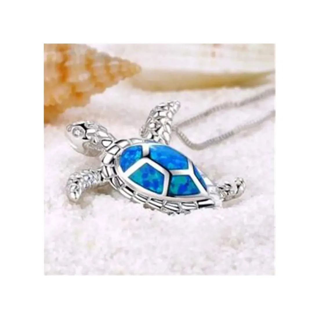 Yellow Chimes Exquisite Lovely Good Luck Turtle Blue Opal Charm Tortoise Silver Plated Pandant Necklace For Women And Girl's